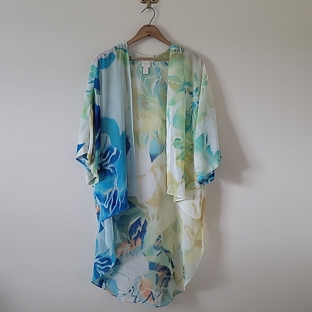 Chico's Blue Green Sheer Open Front Kimono Coverup Size S/M